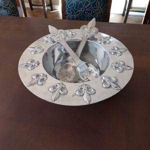 Vtg MCM Fleur de lis Pewter serving Salad bowl LG. Fork & spoon. 14" bowl
